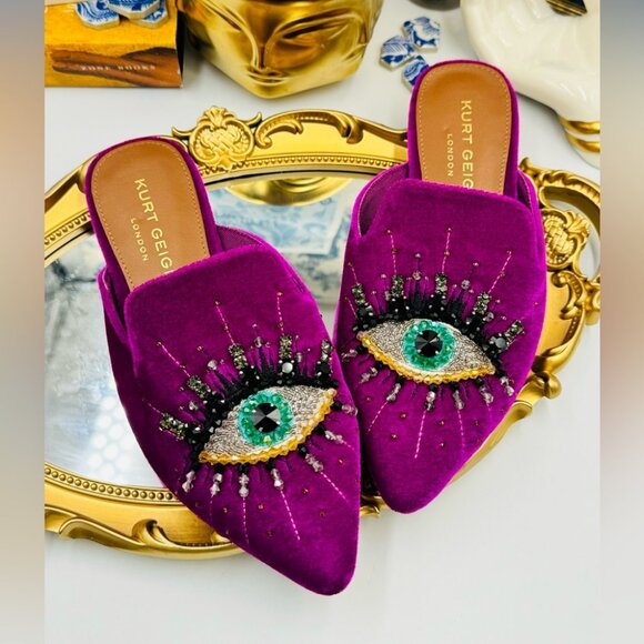 🆕 KURT GEIGER LONDON 🧿 NWOT Olive Evil Eye Mules, Purple Lyst - Picture 14 of 16